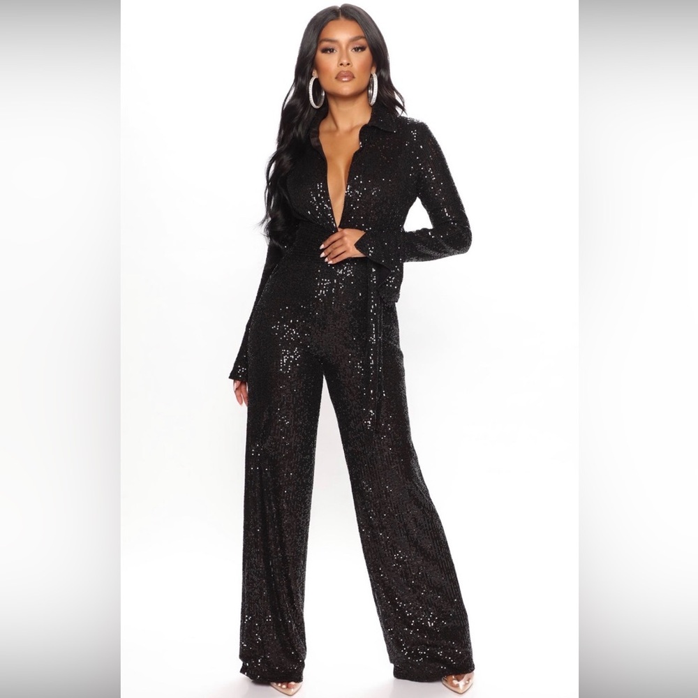 Fashion Nova Sequin Wide-Leg Jumpsuit - Black